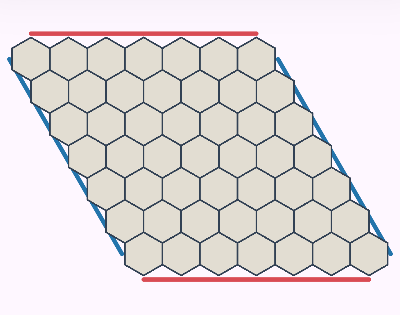 לוח Hex ריק של 49 משושים, עם שפות אדומות למעלה ולמטה ושפות כחולות משמאל ומימין
