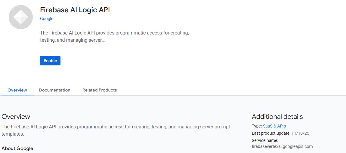 Google Cloud details for Firebase AI Logic API before activation; service name visible