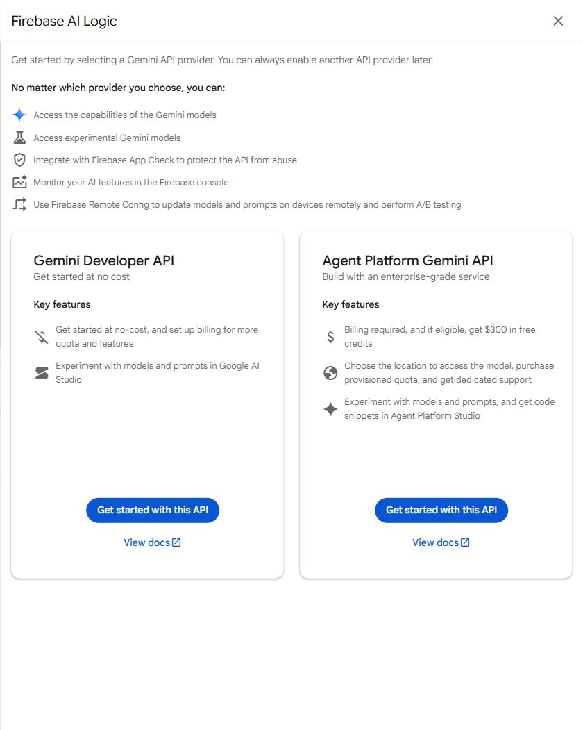 Firebase AI Logic provider selection, with the Gemini Developer API option