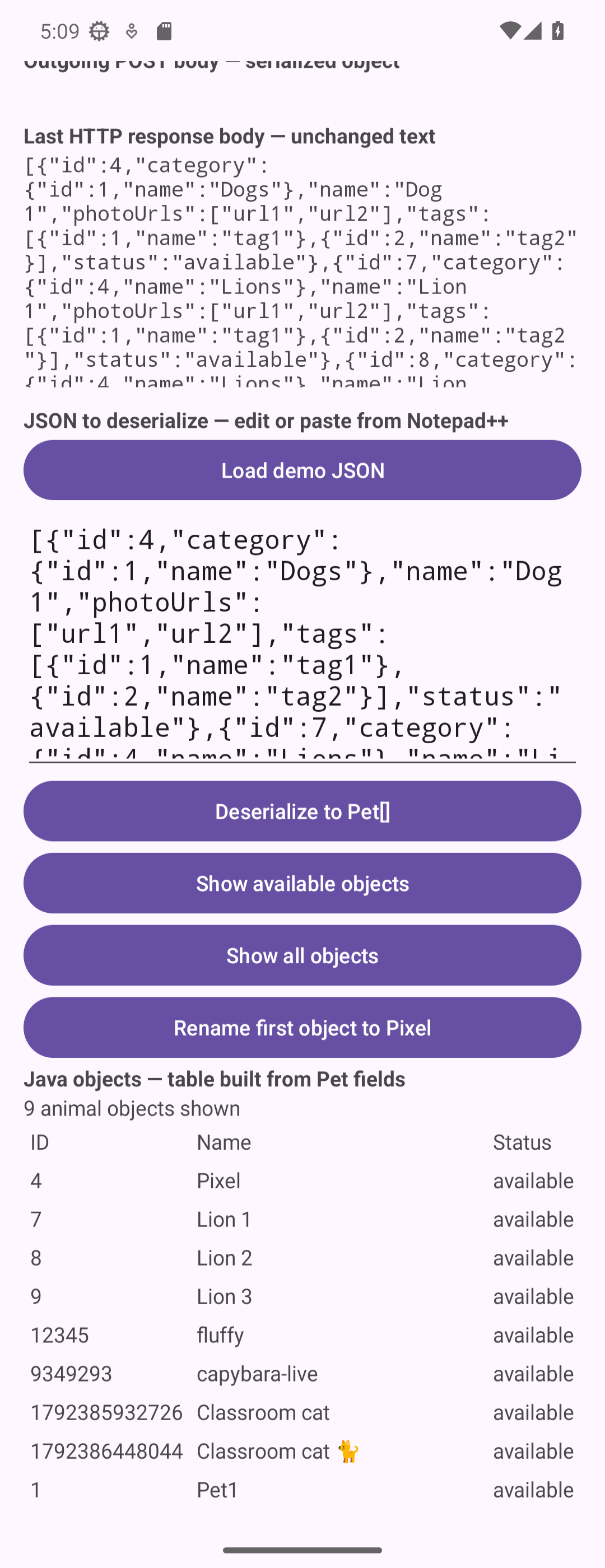 Petstore JSON text above an animal table; the first object's name is Pixel while its original JSON name is Dog 1