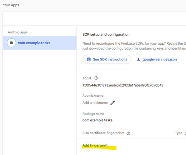 Add SHA fingerprint in Firebase Android app settings