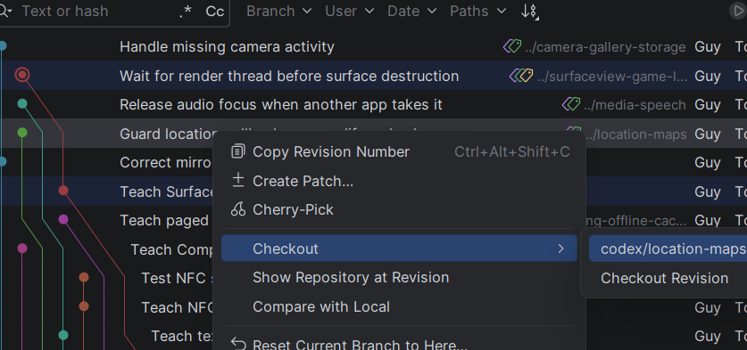 בחירת Checkout לענף מתוך תפריט ה־commit