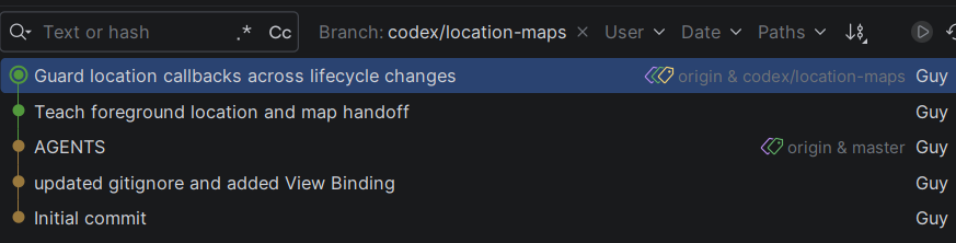 יומן Git לאחר סינון לענף codex/location-maps