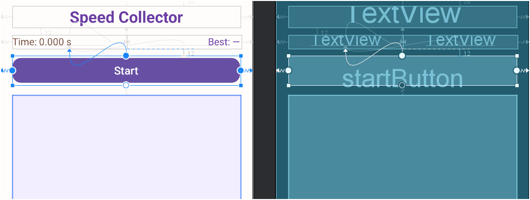 המסך ב-Layout Editor בתצוגת Design ו-Blueprint